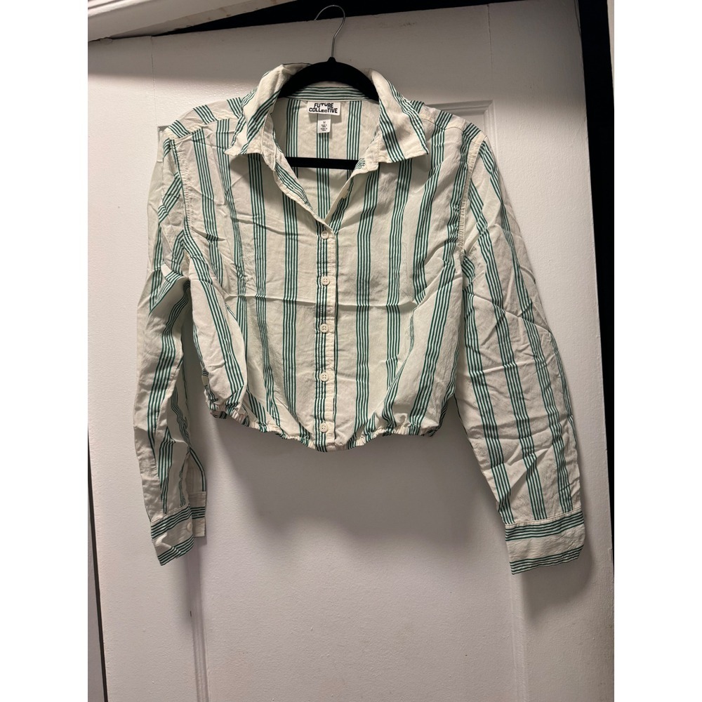Future Collective Womens Green White Striped Cropped Button Down‎ Shirt Size M
